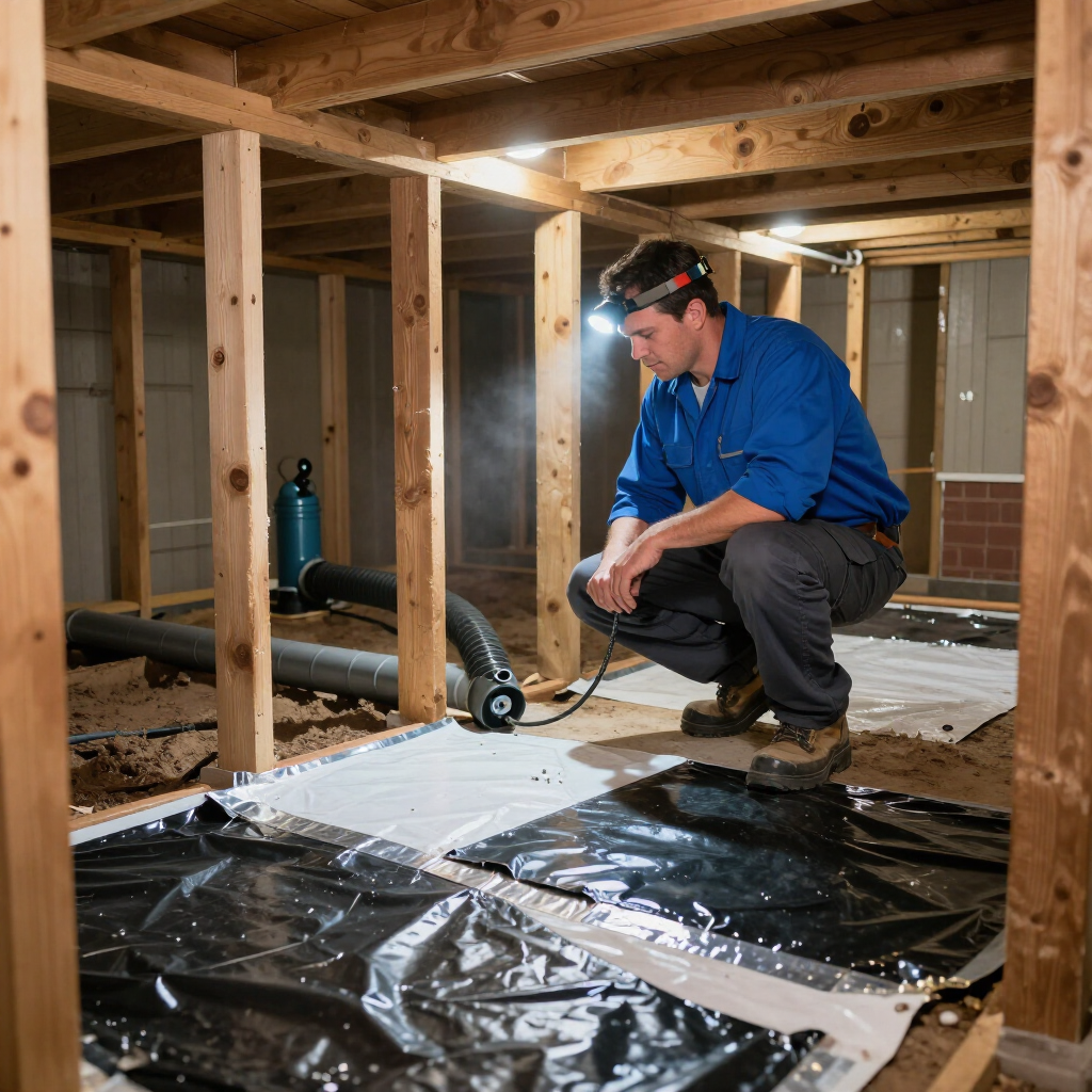 A technician wearing a headlamp inspects a crawl space with moisture control matting installed on the ground. A technician wearing a headlamp inspects a crawl space with moisture control matting installed on the ground.