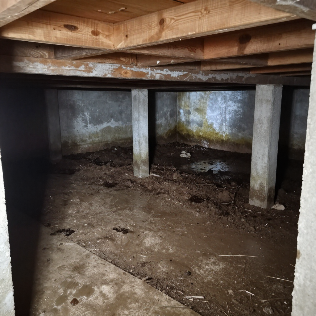 A crawl space with concrete pillars supporting wooden floor joists, showing signs of dampness and uneven dirt flooring. A crawl space with concrete pillars supporting wooden floor joists, showing signs of dampness and uneven dirt flooring.