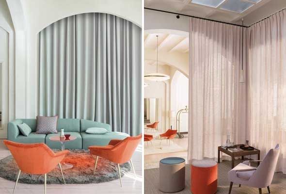 Duas fotos de uma sala de estar com sofá e cadeiras