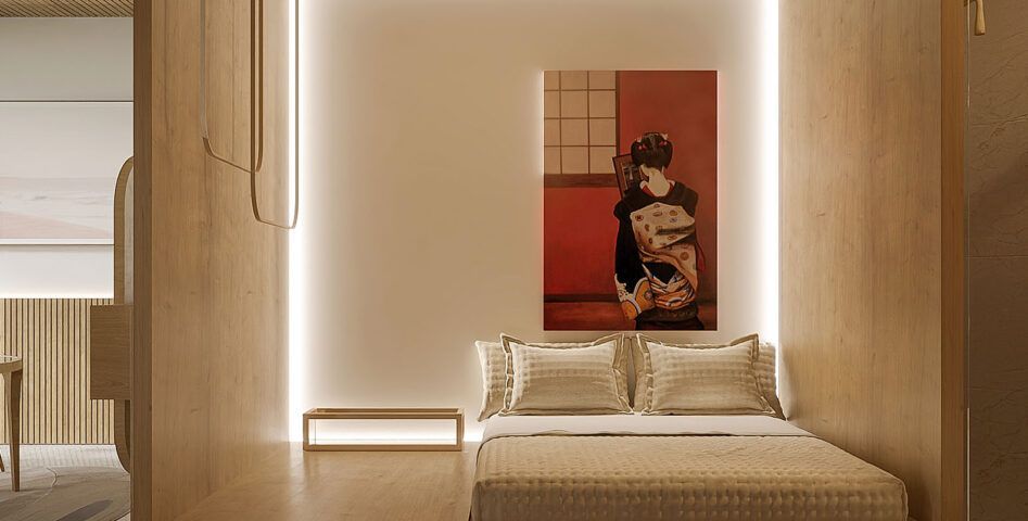 Um quarto com uma cama e um quadro na parede.