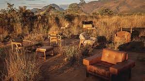 Um grupo de cadeiras está sentado em um campo de grama alta.