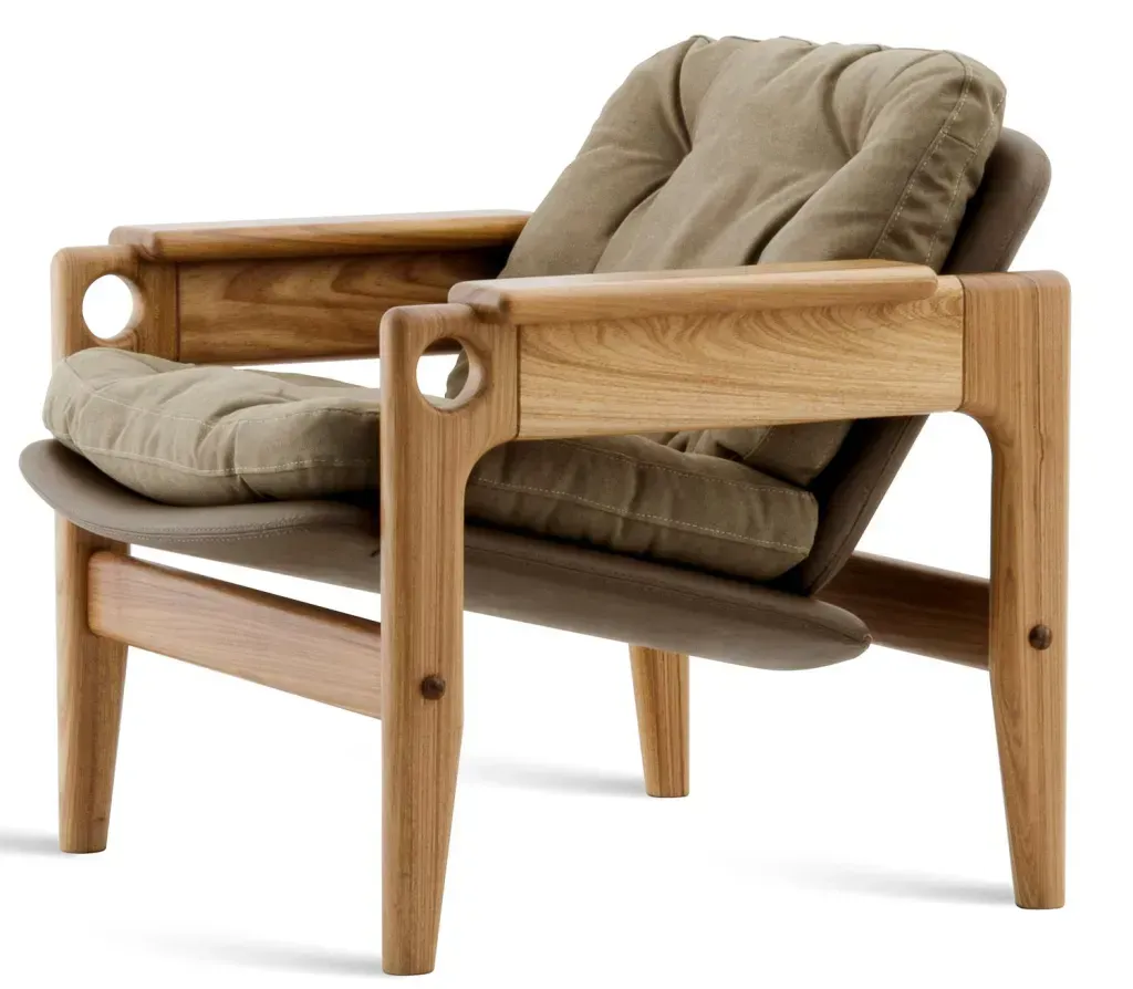 Uma cadeira de madeira com uma almofada marrom