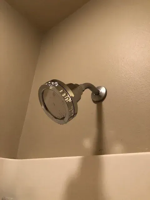 A shower head is hanging from the ceiling in a bathroom.