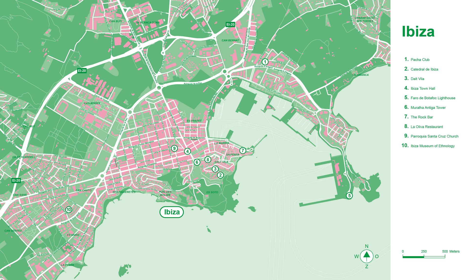 Een groene en roze kaart van de stad Ibiza