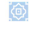 A blue square with a white flower inside of it on a white background.