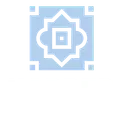 A blue square with a white flower inside of it on a white background.