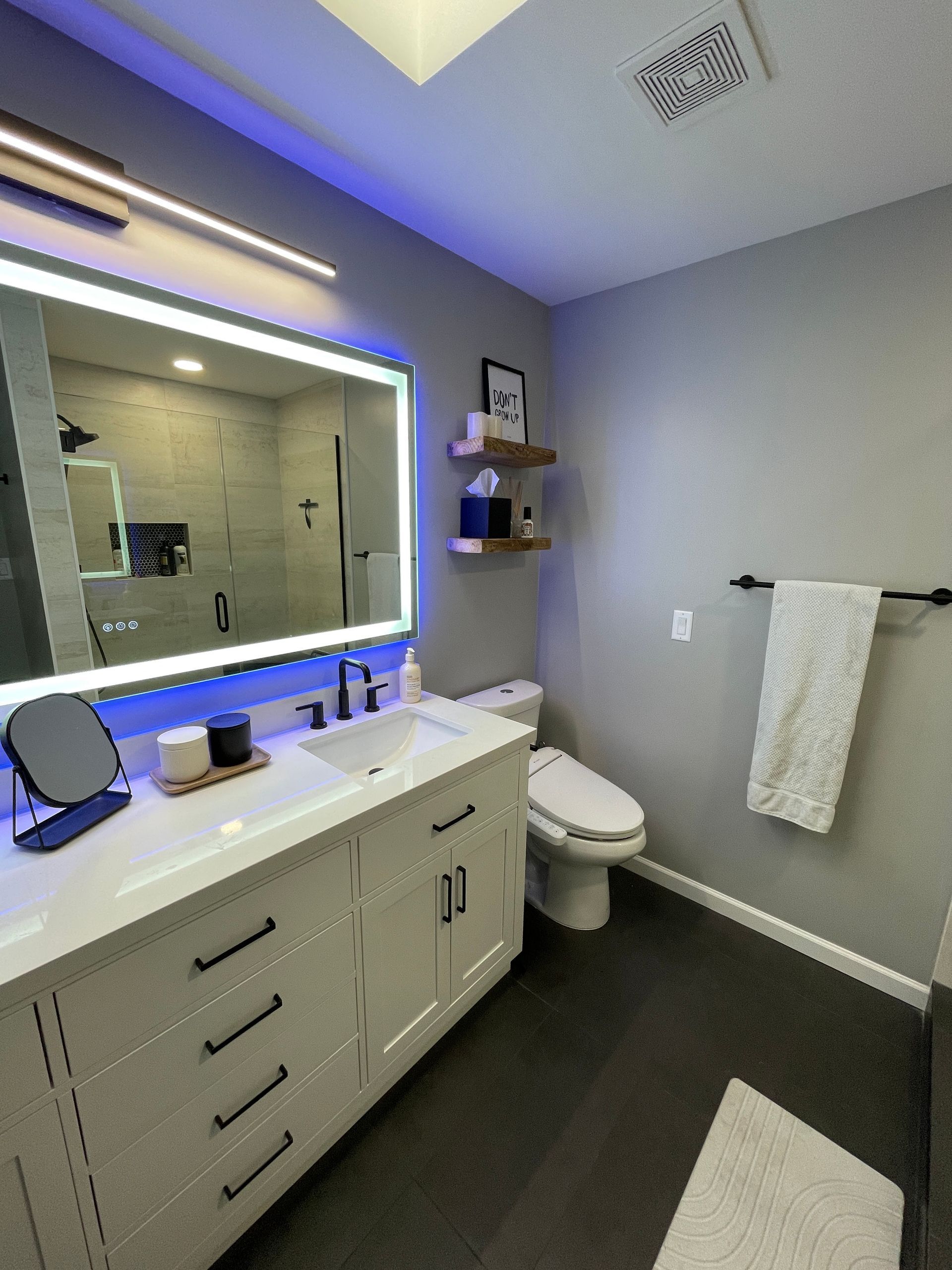 A bathroom with a sink , toilet and mirror.
