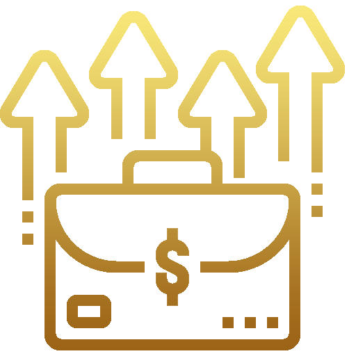 An icon of a briefcase with arrows pointing up and a dollar sign on it.