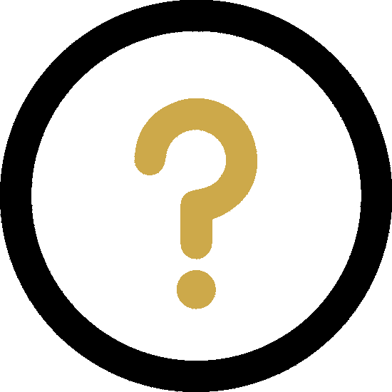 A gold question mark in a black circle on a white background.