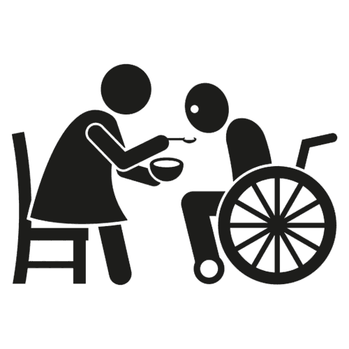 Icona di un uomo in sedia a rotelle assistito durante il pasto