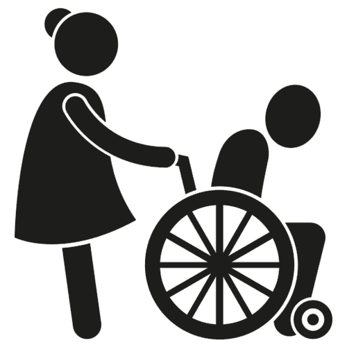 Icona di un uomo in sedia a rotelle con un'assistente