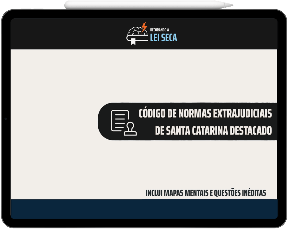 A tablet with a pencil on it is open to a page that says codigo de normas extrajudiciais de santa catarina destacado