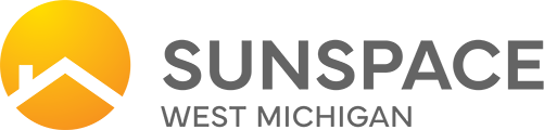Logo: Yellow sun with house outline, "SUNSPACE" and "WEST MICHIGAN" in gray.