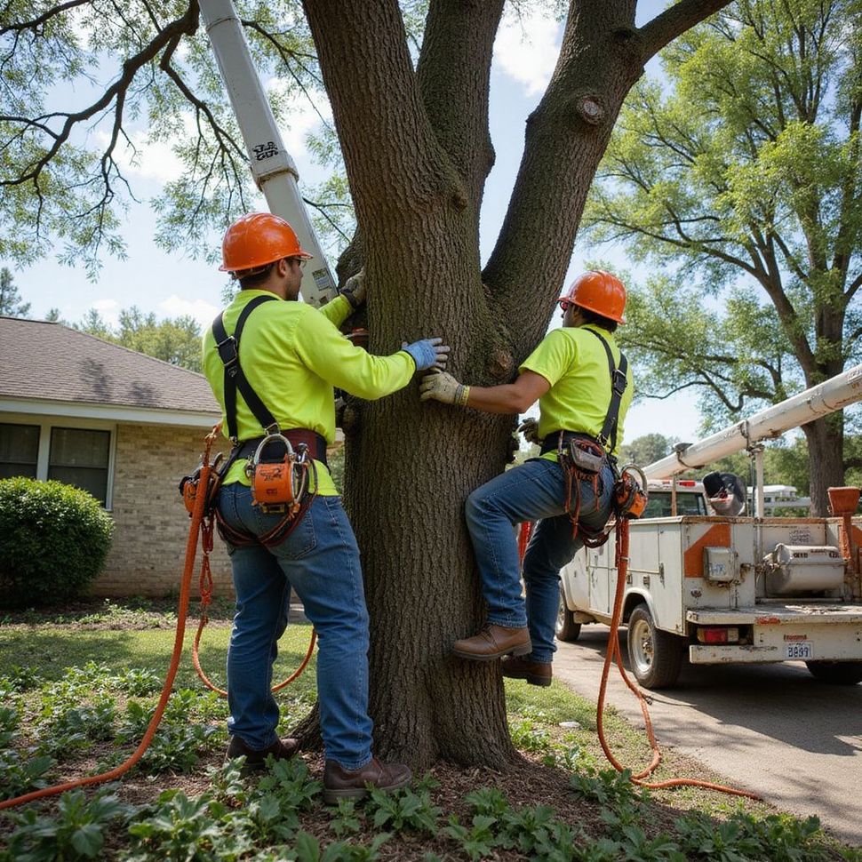 Two tree service workers in orange hard hats, trimming a tree trunk with equipment, a work truck in the background.