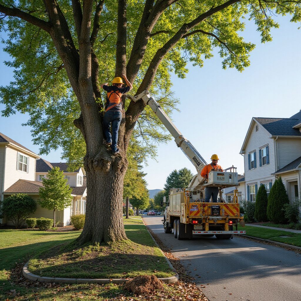 Tree trimmers working on a tree in a residential neighborhood. One climbs the tree, the other in a bucket truck.