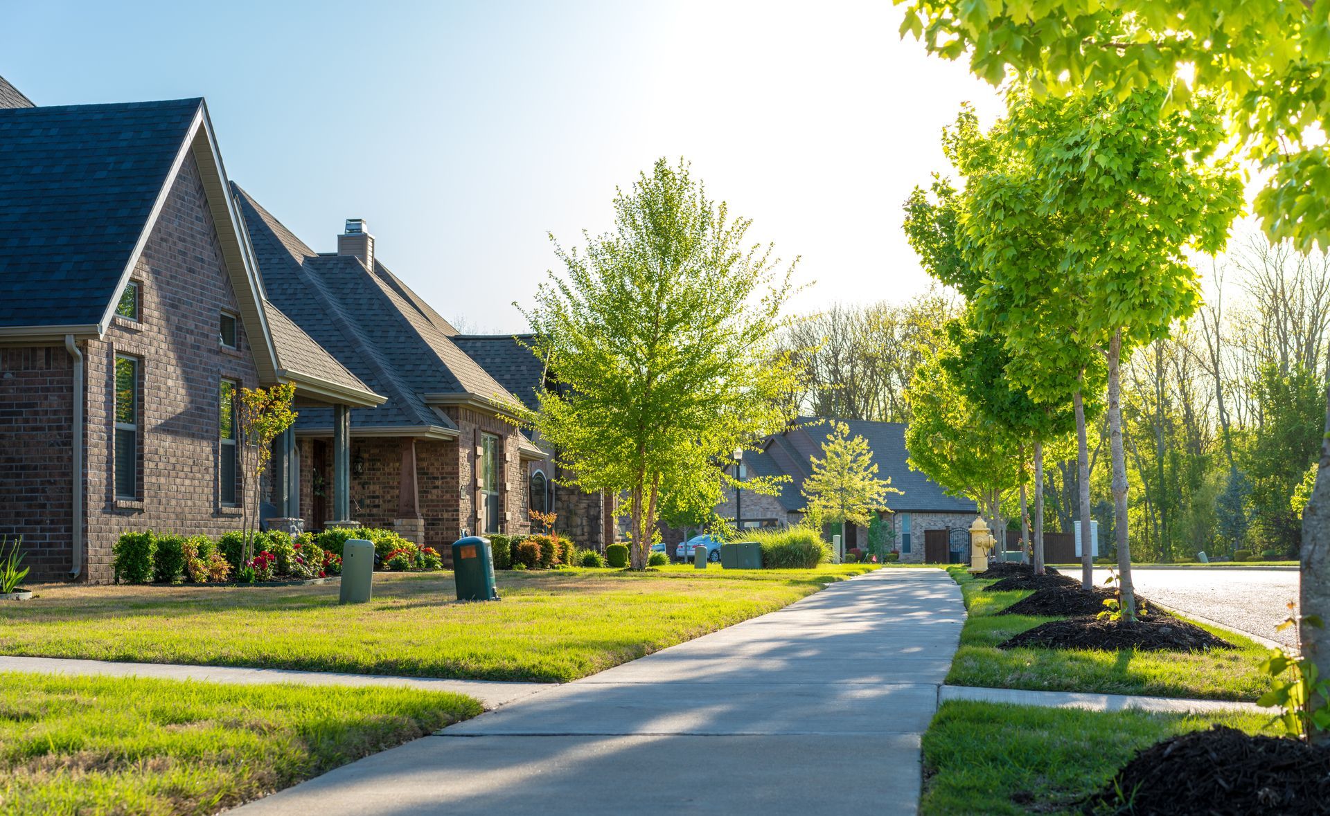Row of brick houses along a sunny street with green grass and trees.