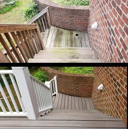 before and after pictures of wooden deck and brick wall home