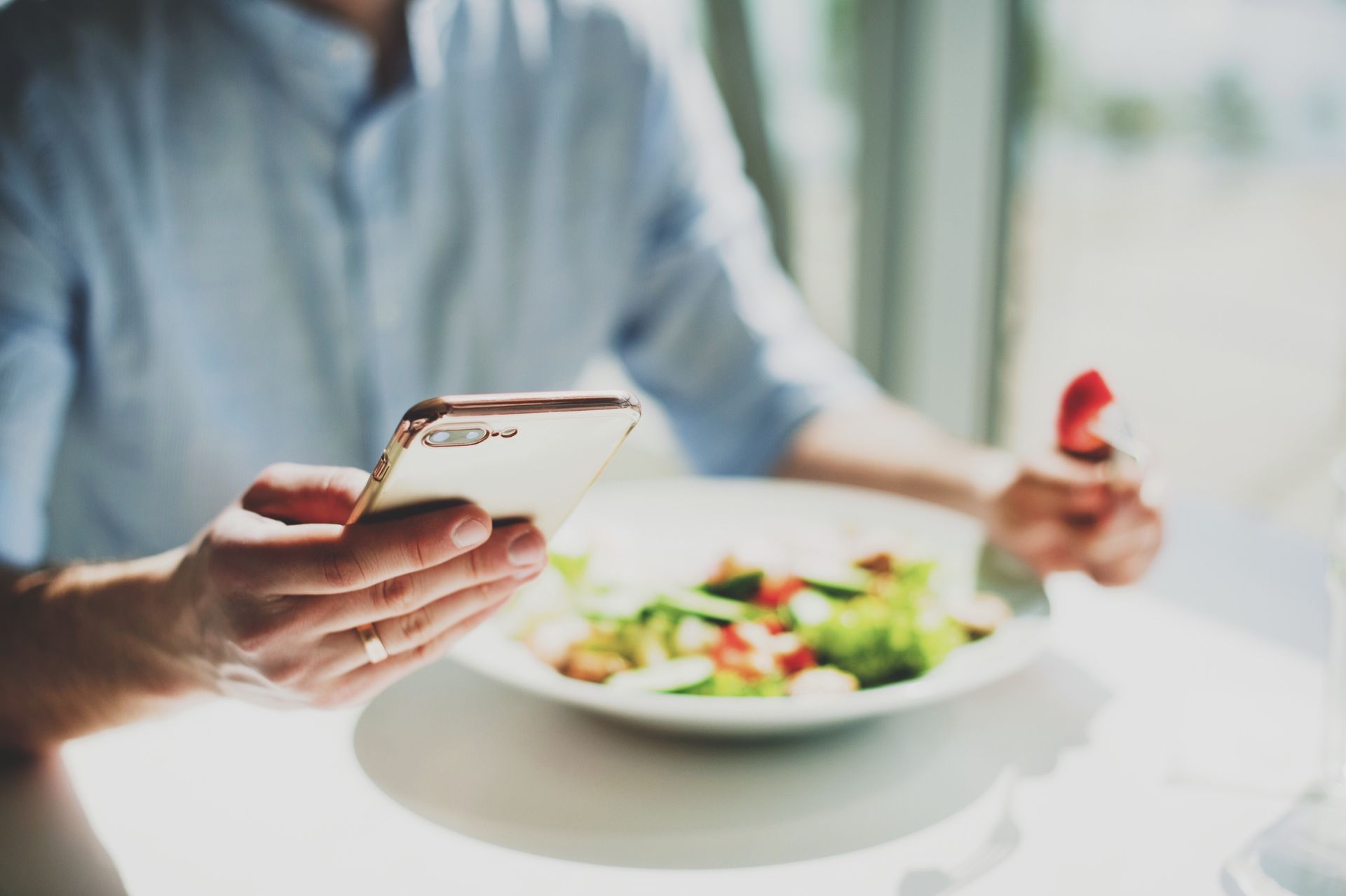 Healthy person sat attached  table for eating