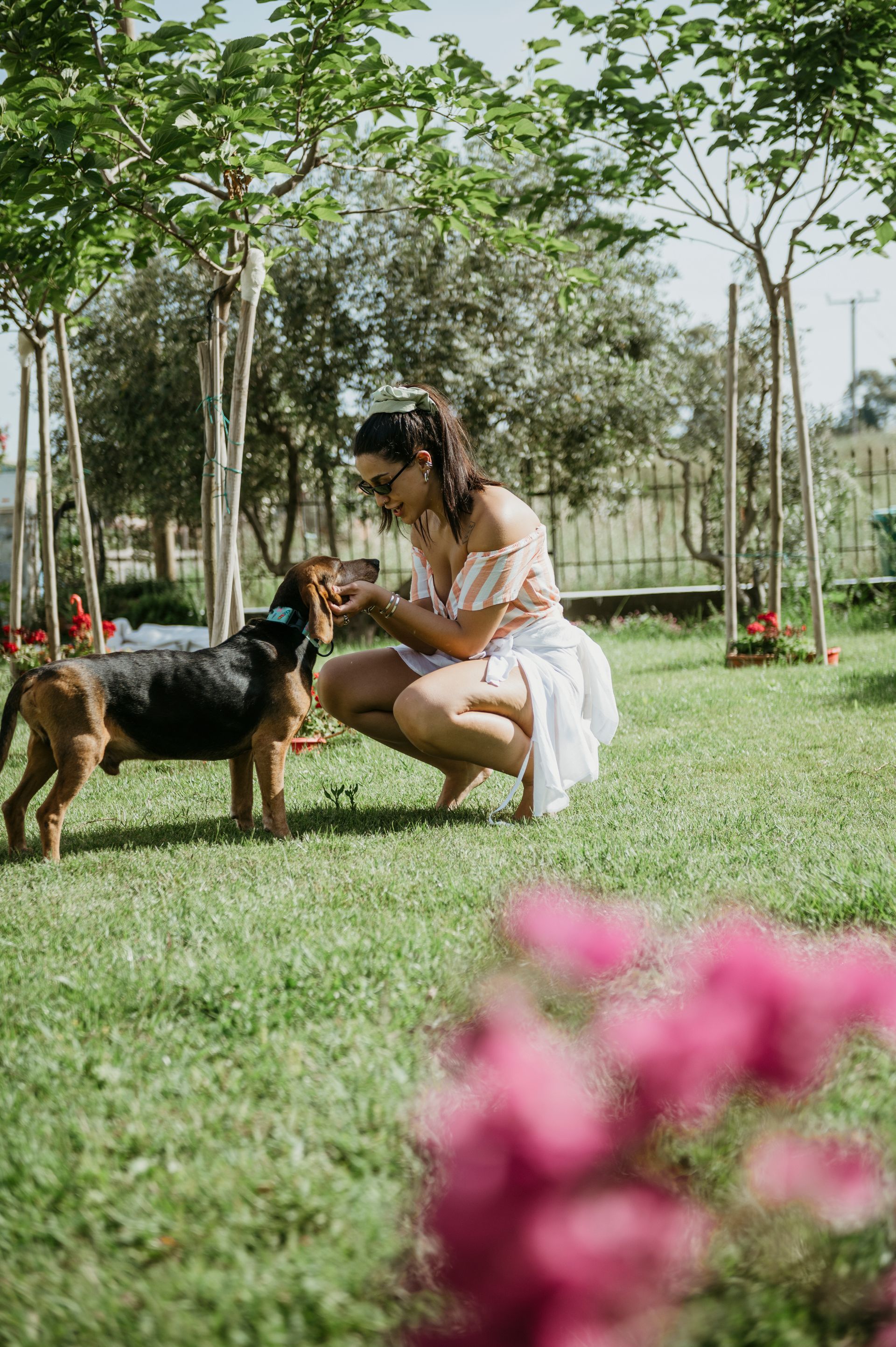 A woman is kneeling down next to a dog in a park.