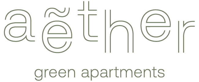 The logo for aether green apartments is black and white.