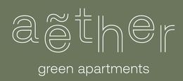 The logo for aether green apartments is green and white.