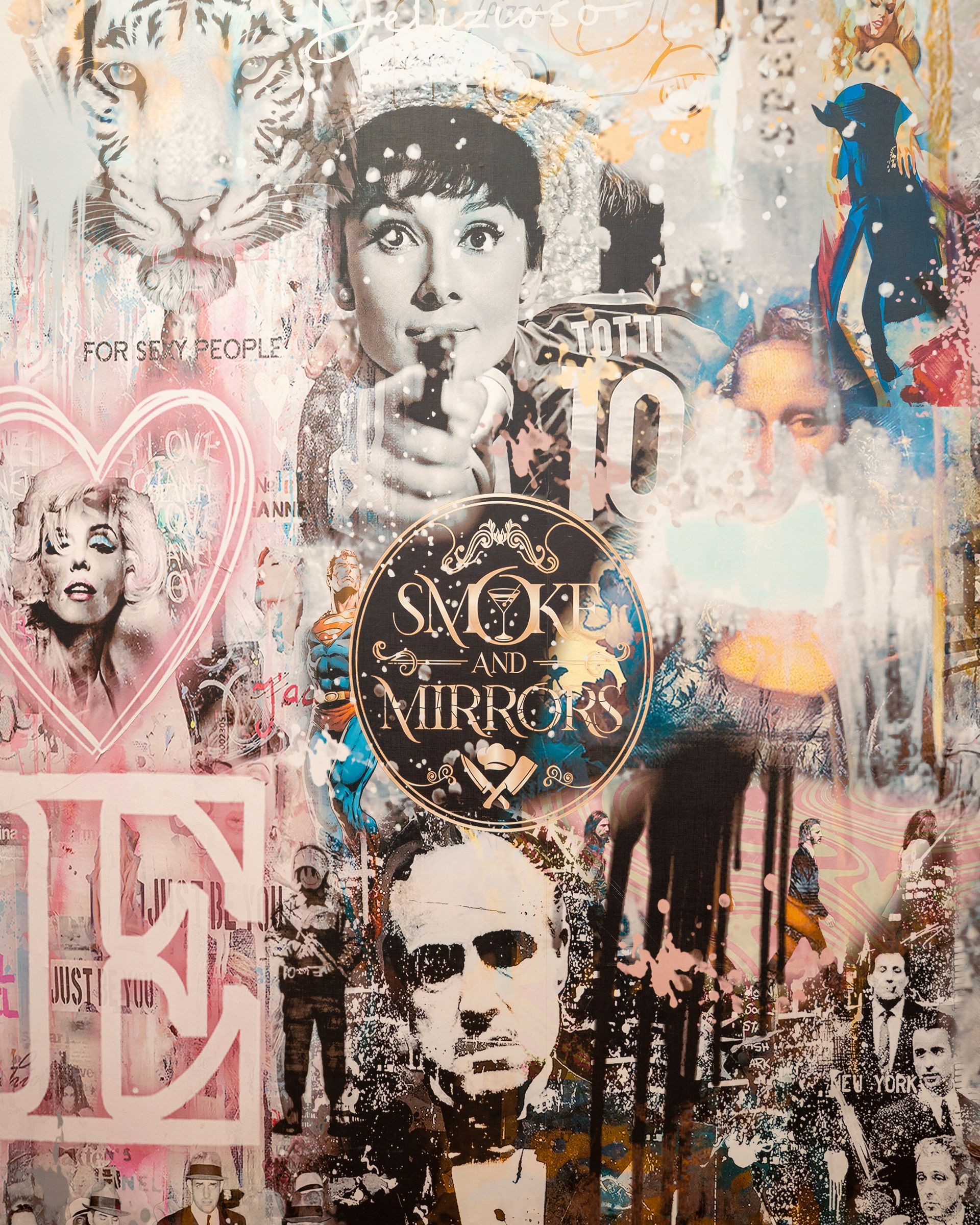 Pop art portrait collage with Audrey Hepburn, Marlon Brando, text 