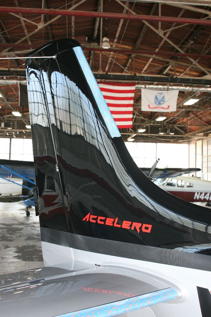 Aircraft tail section after ceramic coating application inside hangar