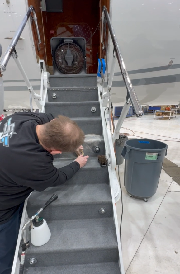 Aircraft interior detailing on private jet staircase