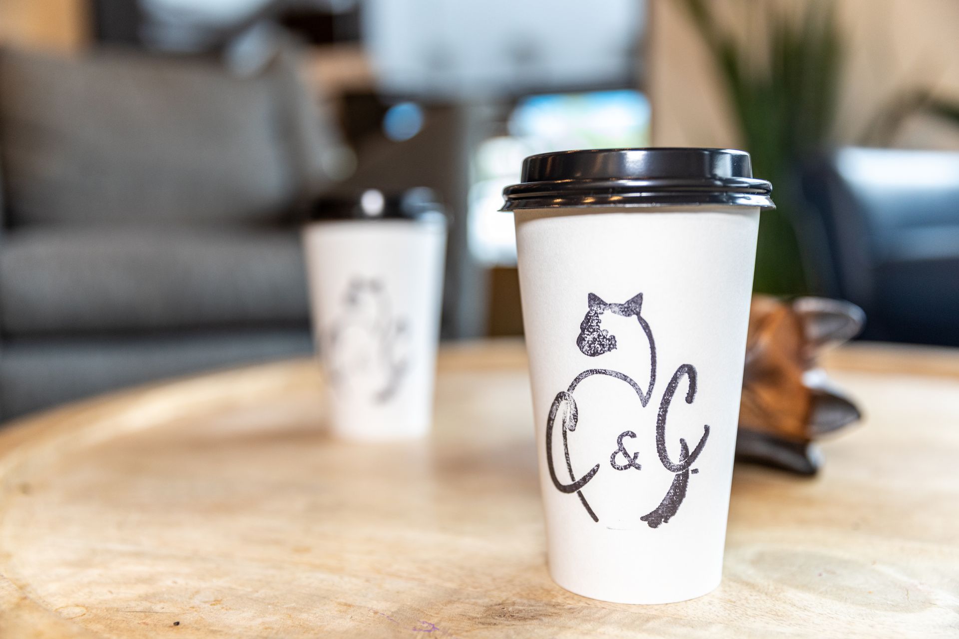 A coffee cup with a cat on it sits on a table