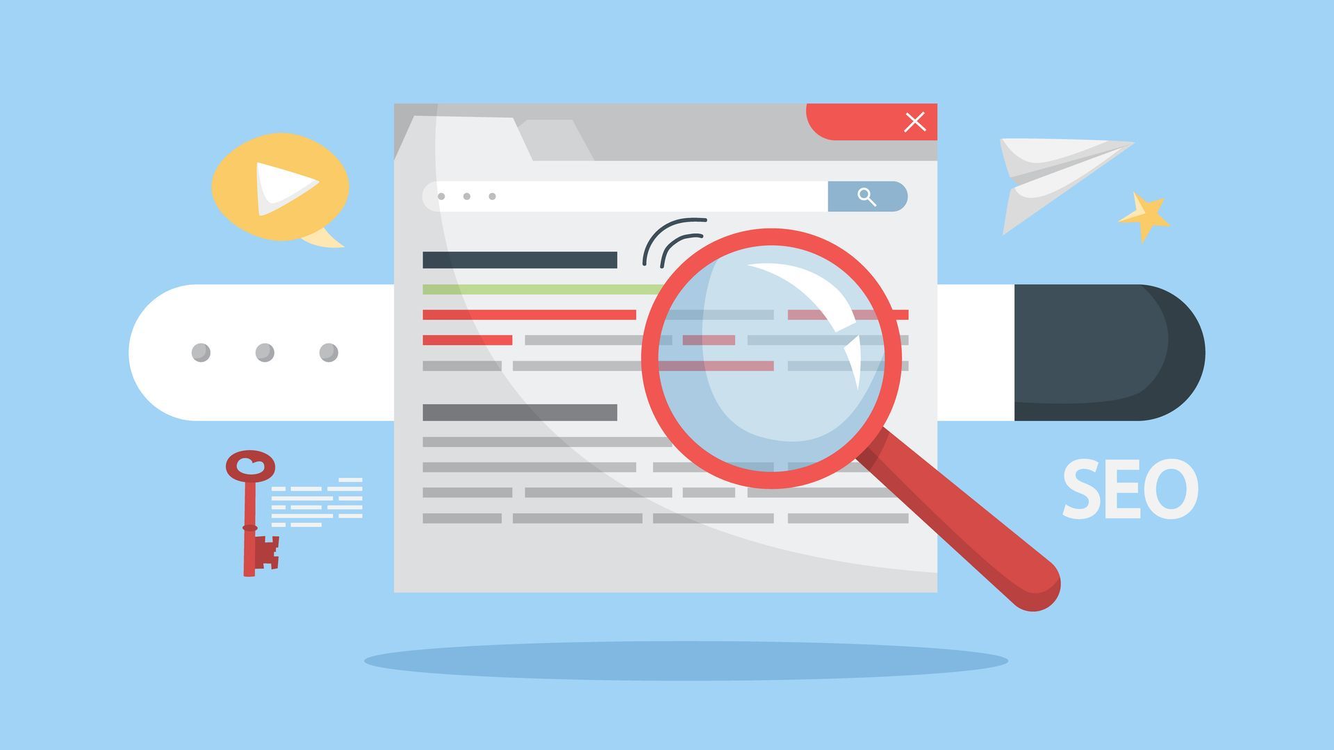 A magnifying glass over a document against a light blue background with icons of a key, paper plane, and the text 