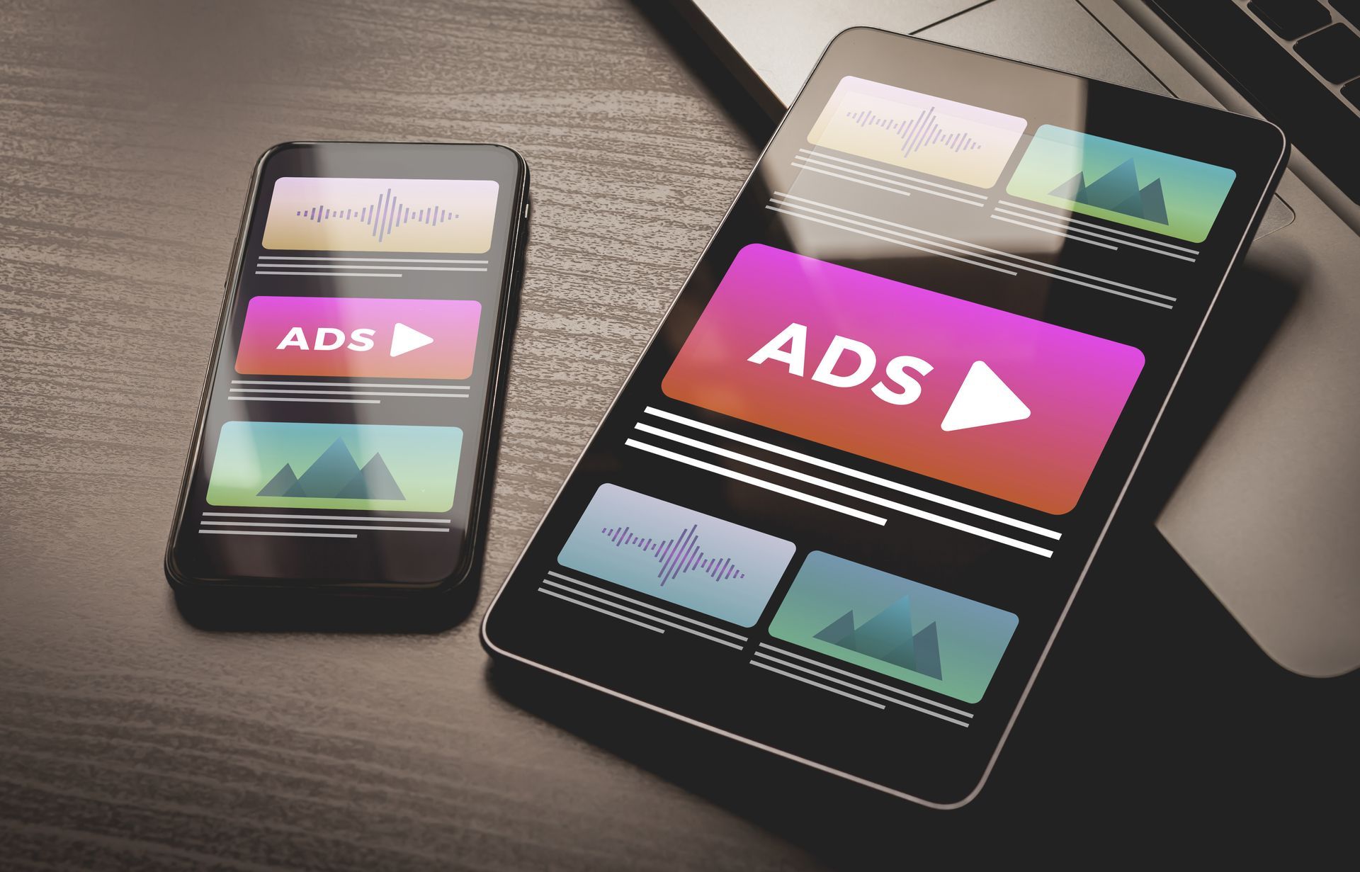A cell phone and a tablet with ads on the screens