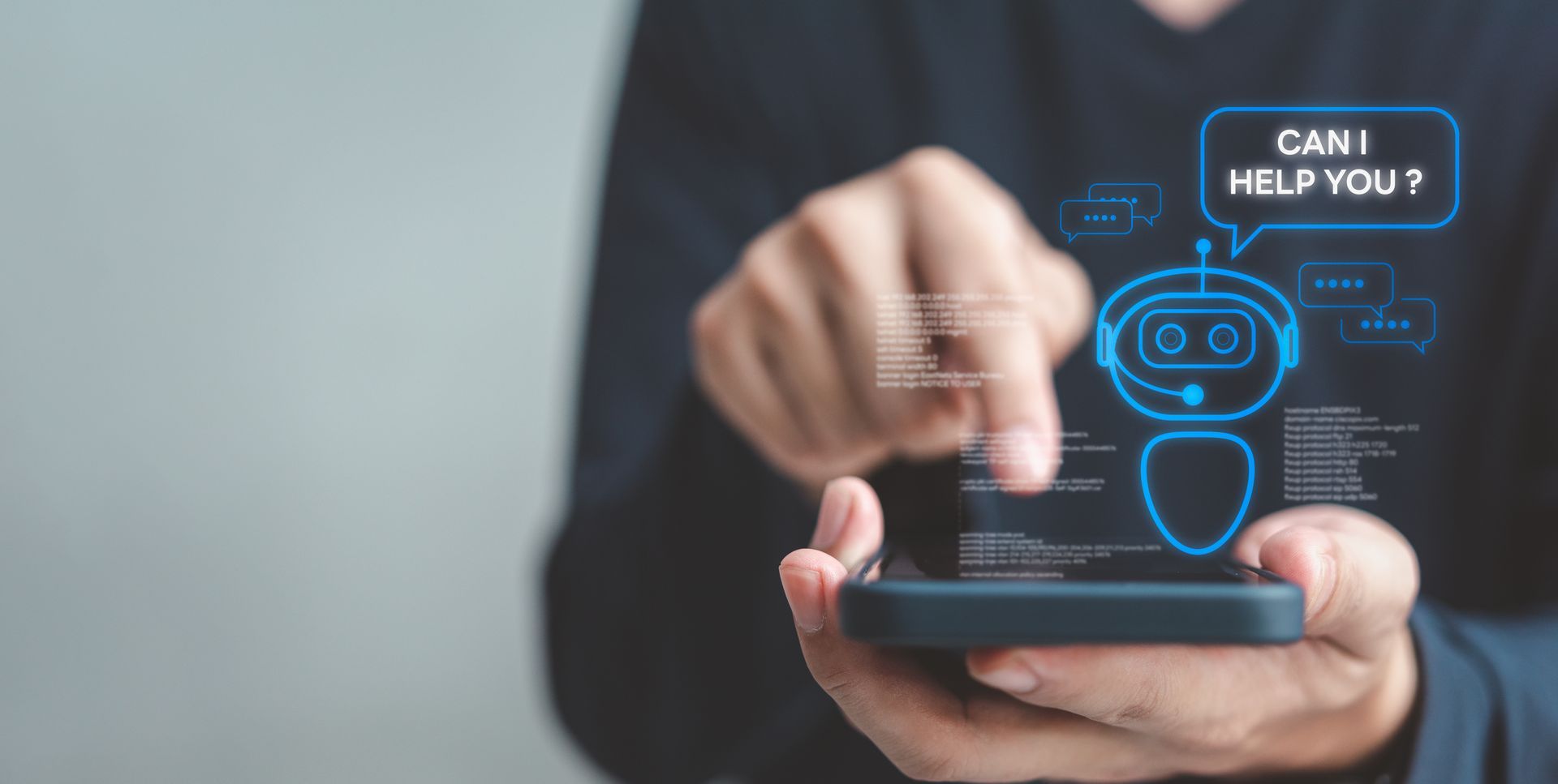 Person using a smartphone with a AI chatbot graphic overlay that reads