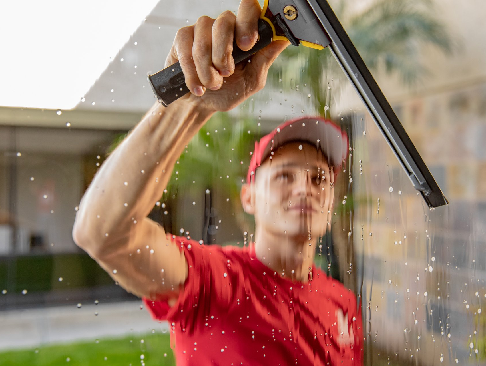 A man in a red shirt is cleaning a window with a squeegee.
