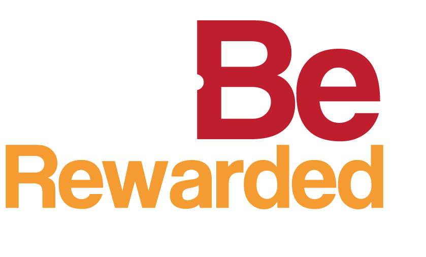 A red and orange logo that says be rewarded