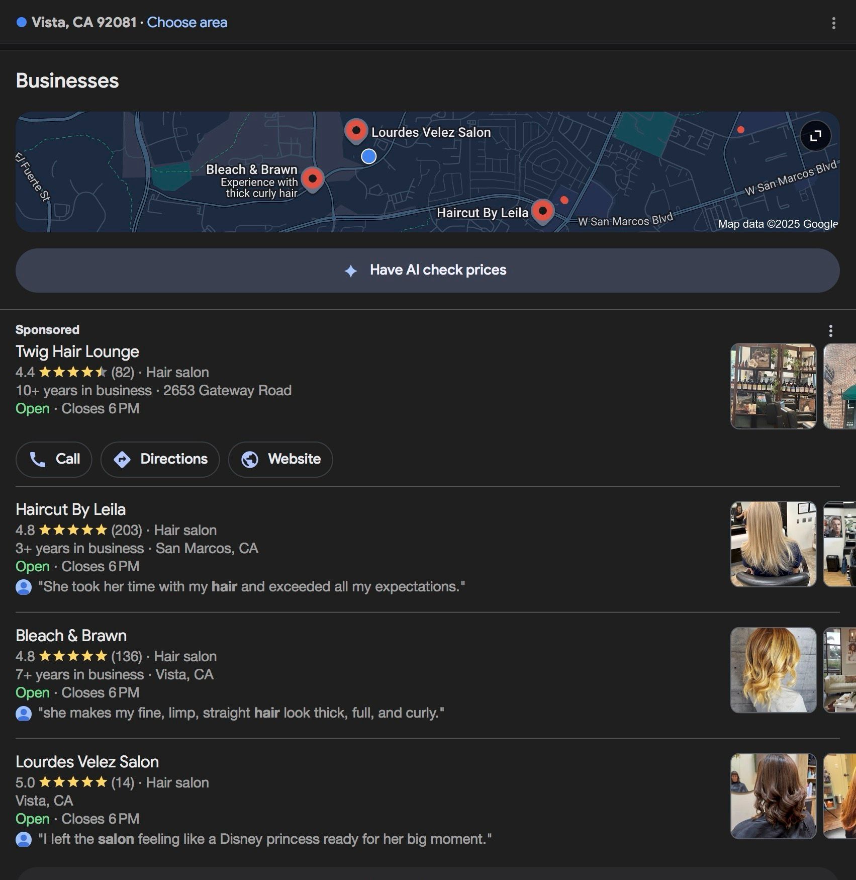 A screenshot of Google AI suggesting Have AI check prices for a local business search