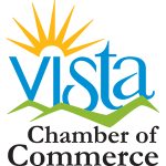 Vista chamber of commerce logo with a sun and mountains