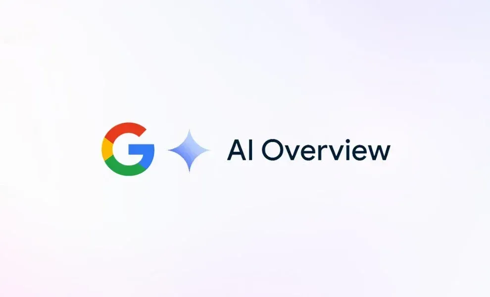 Google logo with a blue sparkle icon and the text “AI Overview” on a white background