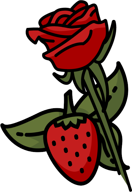 A cartoon drawing of a rose and a strawberry