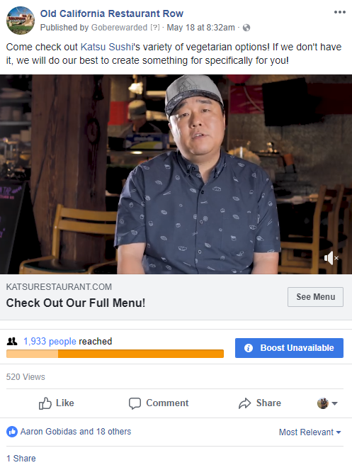 facebook ad old cal restaurant row