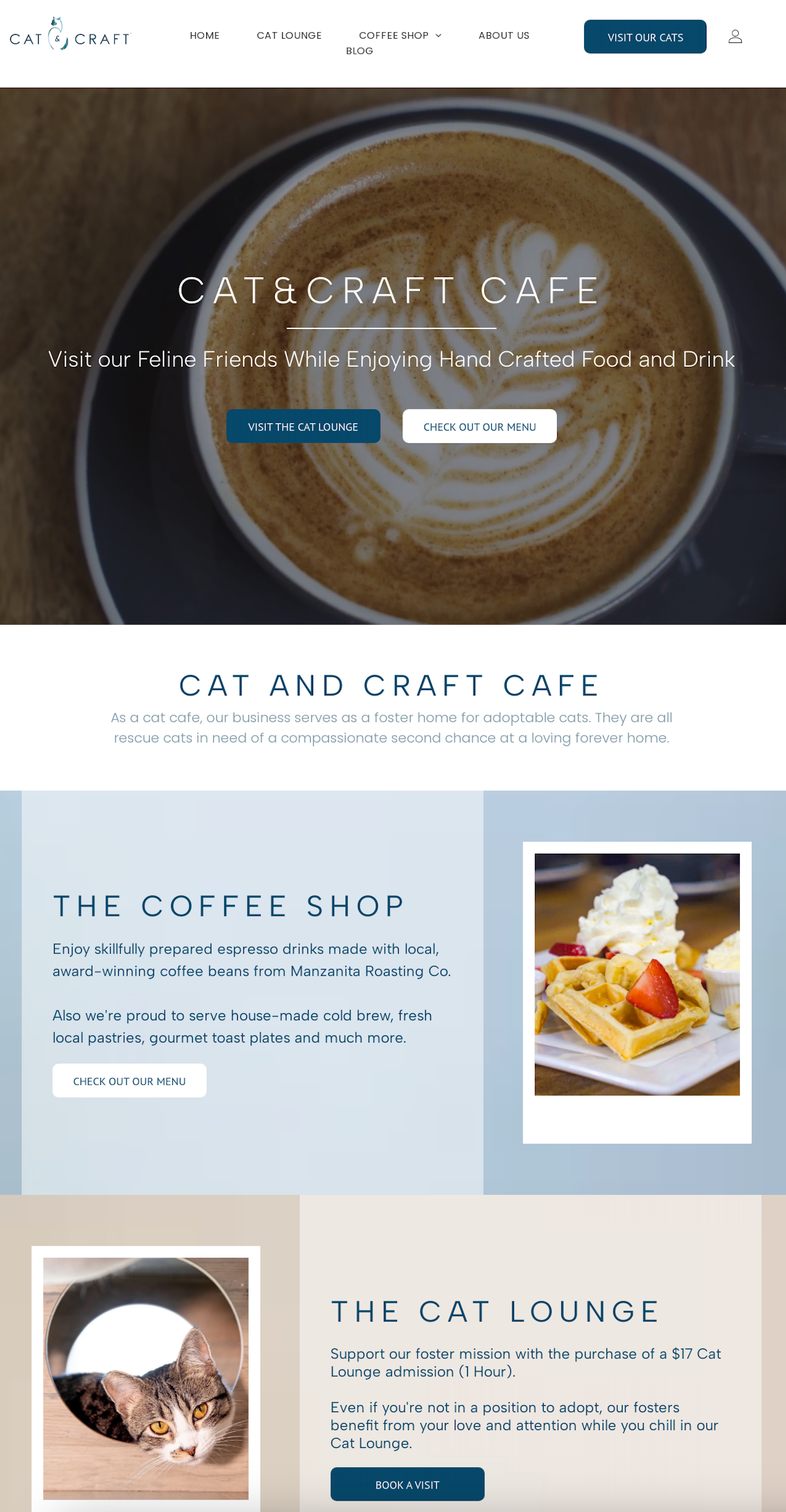 A screenshot of a website for a cat cafe