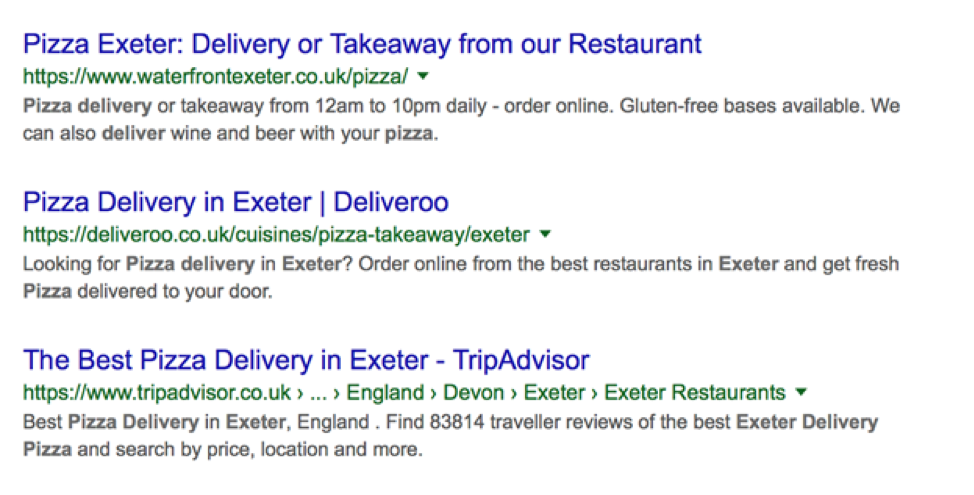 Google Search for pizza Exeter