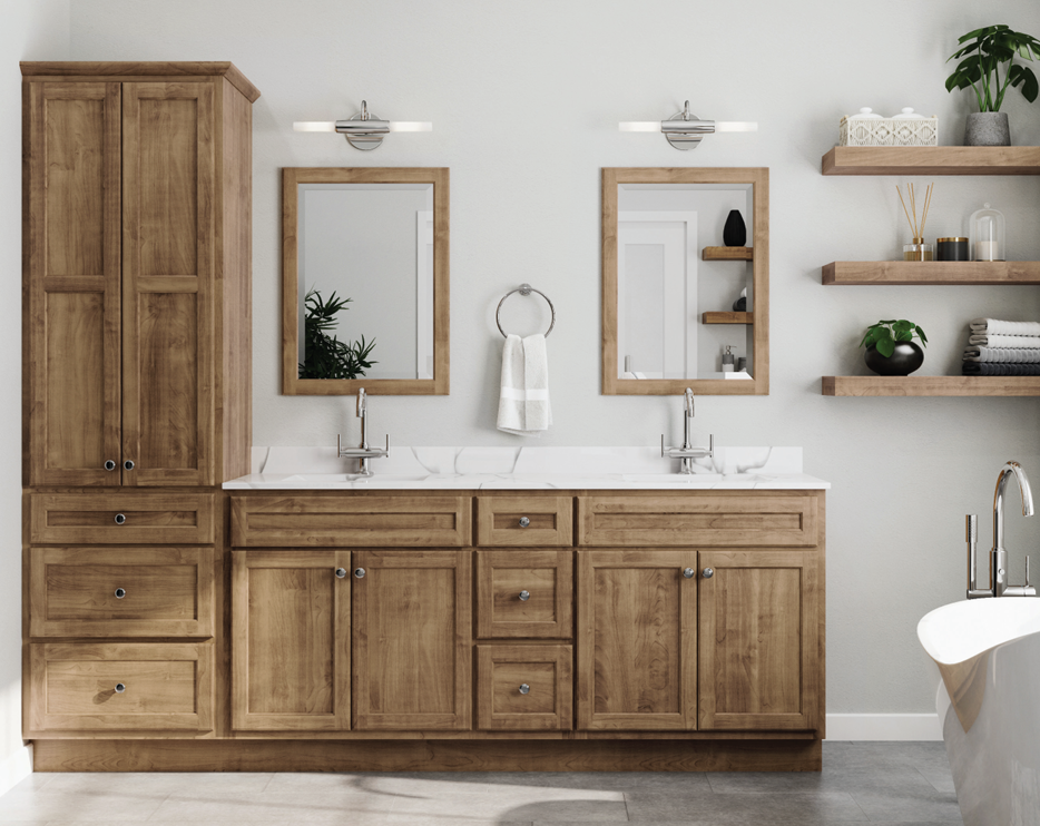 Bathroom with wood cabinetry, marble countertop, mirrors, and floating shelves.