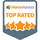 HomeAdvisor Top Rated badge featuring five orange stars on a grey shield background.