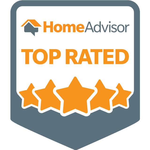 HomeAdvisor Top Rated badge featuring five orange stars on a grey shield background.