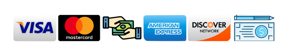 Payment options including Visa, Mastercard, cash, American Express, Discover, and check.