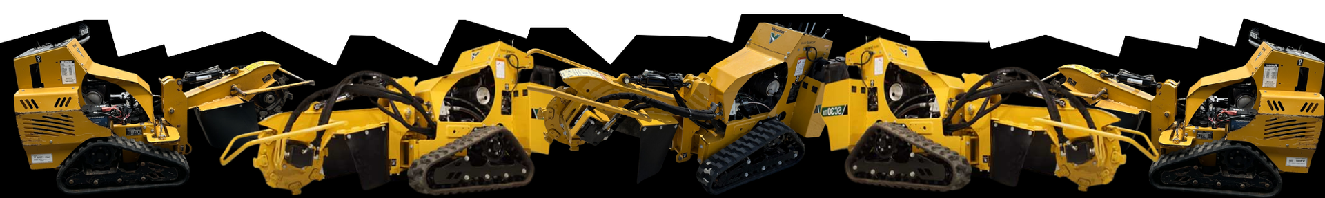 A row of yellow compact track loaders against a black background.