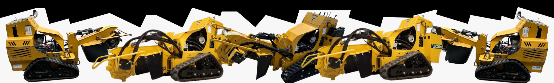 A horizontal panoramic collage showing multiple yellow Caterpillar compact track loaders.