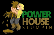 Logo for Powerhouse Stumpin featuring a cartoon character pulling a tree stump from the ground against a black background.