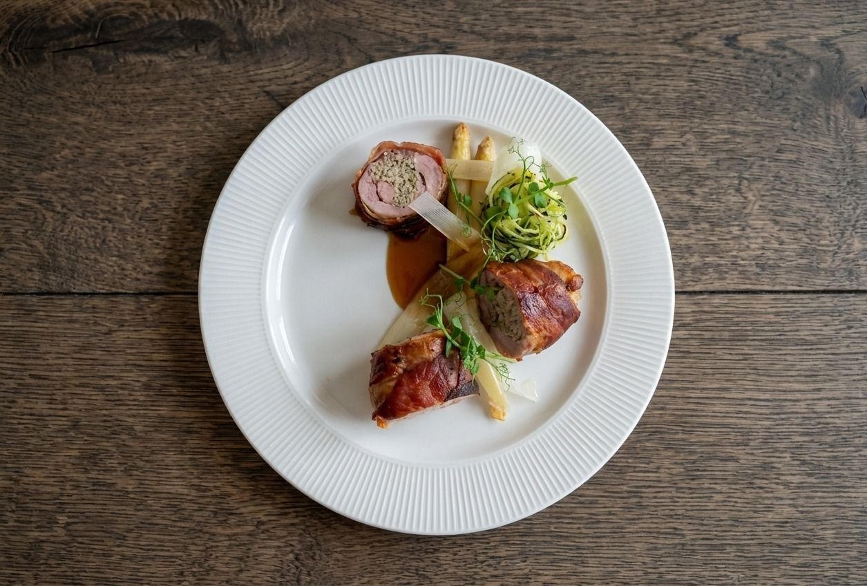 Et gourmetmåltid med to stykker baconindpakket kød, asparges og en side af grøntsager på en hvid tallerken.