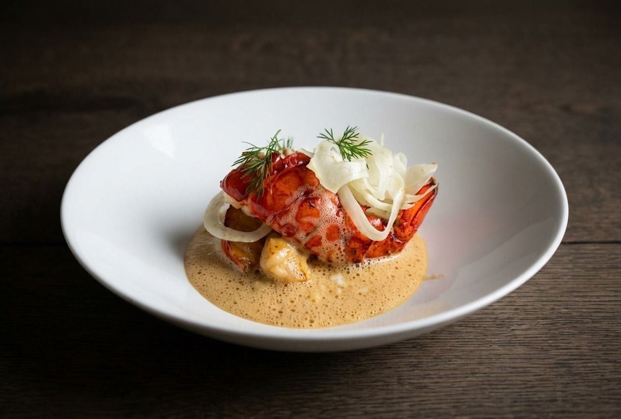 En tilberedt hummerhale serveret i en cremet, plettet sauce, garneret med høvlet fennikel og krydderurter i en hvid skål.